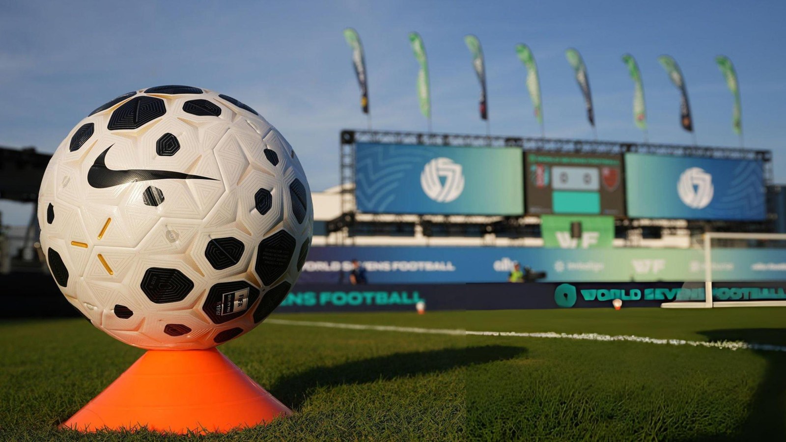 Official World Sevens Football match ball on the pitch before kick-off